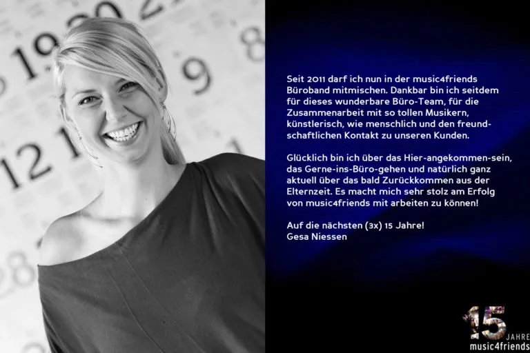 15-jähriges Jubiläum von music4friends mit Gratulationskarten und Feier.